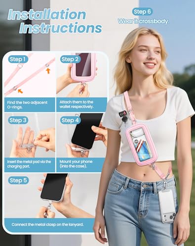 SHANSHUI Clip and Go Phone Lanyard Wallet, Hands Free Crossbody Strap with Zipper Pocket & ID Window, Includes 2 Metal Tether Pads for Phones, Keys, Earphones, Accessories Pink - color: Pink