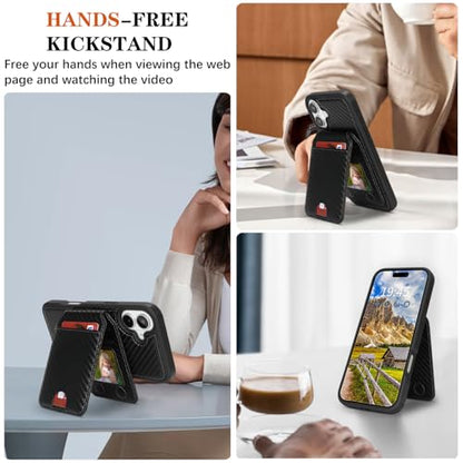 Ｈａｖａｙａ Carbon Fiber Wallet Case for iPhone 16 - Black | Carbon fiber, detachable wallet, 5-card slots & kickstand, MagSafe 15W fast charge, raised bezels - color: Black