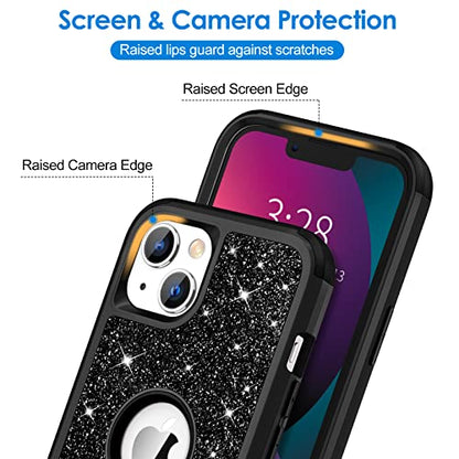 Hython Case for iPhone 13 Case Glitter, Cute Sparkly Shiny Bling Sparkle Cover, Heavy Duty 3 in 1 Hybrid Hard PC Soft TPU Bumper Full Body Shockproof Protective Phone Cases for Women Girls, Black - color: Black