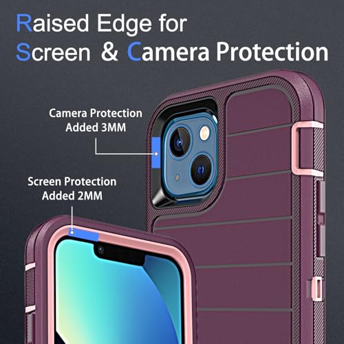 YmhxcY for iPhone 13 Case, 2X Glass Screen and Camera Protector, 3 in 1 Heavy Duty Shockproof Drop Protection Stripe Rubber Cover for 13 6.1"-Wine/Pink - color: Wine/Pink