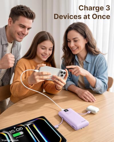 charmast 20000mAh Portable Charger with Built-in Cables and AC Wall Plug - color: purple