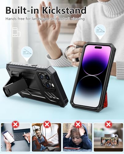 FNTCASE for iPhone 14 Pro Max Case, Built-in Screen Protector, Kickstand | 20FT Military-Grade Drop Protection, Anti-Slip Matte Textured, Rugged Heavy Duty Shockproof TPU Protective Cover - color: Kickstand Black
