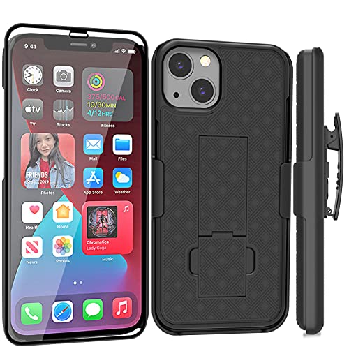 for iPhone 13/14 Case Belt Clip, Holster Screen Protector-Black | Swivel Stand Holder, Slim Shell Slide Pouch Full Body Drop Protective, Rugged Heavy Duty Shockproof Outdoor Cell Phone Cover - size: iPhone 13