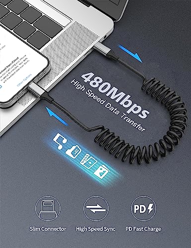 Coiled USB-C to Lightning Cable, 2Pack Retractable iPhone Charger CarPlay - size: 3FT Coiled