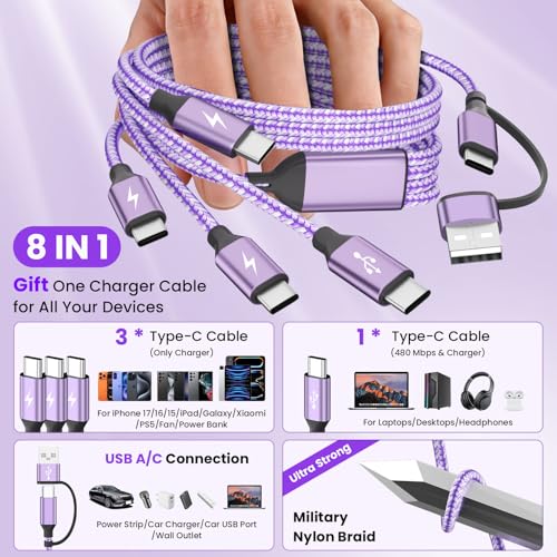 USB C Splitter Multi Charging Cable for Multiple Devices, Purple, 2Pack 5FT - color: Purple&2PCS