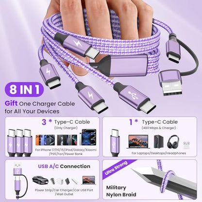 USB C Splitter Multi Charging Cable for Multiple Devices, Purple, 2Pack 5FT - color: Purple&2PCS