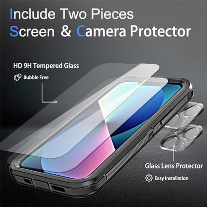 YmhxcY for iPhone 13 Case, 2X Glass Screen and Camera Protector, 3 in 1 Heavy Duty Shockproof Drop Protection Stripe Rubber Cover for 13 6.1"-Black - color: Black