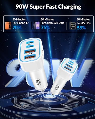 90W 4-Port USB C Super Fast Car Charger for iPhone Duo/18 Pro Max/18/17/16 - color: White