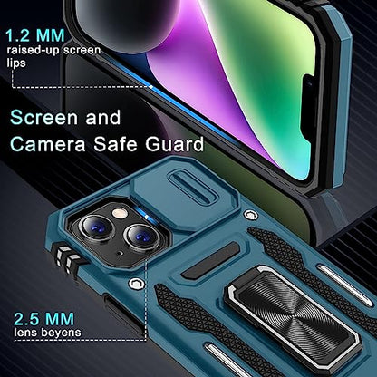 DEERLAMN Case for iPhone 13/iPhone 14 6.1-Inch with Slide Camera Cover+Screen Protector(2 Packs),Rotated Ring Kickstand Military Grade Shockproof Protective Cover-Light Blue - color: Light Blue