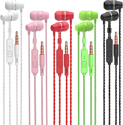 VPB 5 Packs Wired Earbuds with Microphone, in Ear Earphones for School, Deep Bass Clear Sound, Noise Isolating, Fits 3.5mm Jack iPhone iPad Samsung Google Devices (White Pink Red Green Black) - color: White, Pink, Red, Green, Black