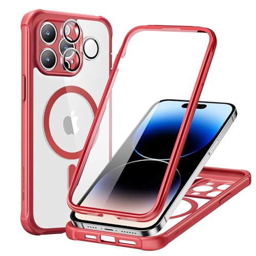 ESR for iPhone 15 Pro Max Case, Compatible with MagSafe, Full-Body Military-Grade Drop Proof Case with Built-in 9H+ Tempered Glass Screen Protector, Armor Series, Clear Red | Compatible with MagSafe, with Camera Lens Protector, Military-Grade Drop Protect
