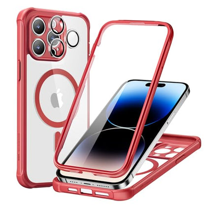 ESR for iPhone 15 Pro Max Case, Compatible with MagSafe, Full-Body Military-Grade Drop Proof Case with Built-in 9H+ Tempered Glass Screen Protector, Armor Series, Clear Red | Compatible with MagSafe, with Camera Lens Protector, Military-Grade Drop Protect