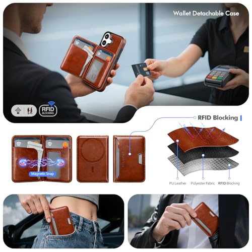 Antsturdy Compatible with MagSafe iPhone 17 Wallet Case,Brown | 2 in 1 Detachable Magnetic,Credit Card Holder Slots,RFID Blocking,PU Leather,Kickstand,Flip Folio Phone Cover for Men & Women - color: Brown, size: iPhone 17 - 6.3"