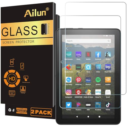 Ailun Screen Protector for Amazon Kindle Fire HD 8/8 Plus/Kids 2022&2020 | 2 Pack, 8 Inch, 0.33mm, Tempered Glass, Ultra Clear, Anti-Scratch, Case Friendly