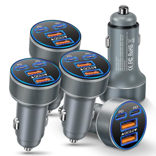Multi Pack USB C Car Charger,90W Super Fast Charging Cigarette Lighter Adapter Bulk, 4-in-1 Dual USB-C & USB-A Car Phone Power Plug Adapter for iPhone 17/16/15/Pro Max, iPad, Samsung Galaxy S25 - color: Gray, size: 5-Pack