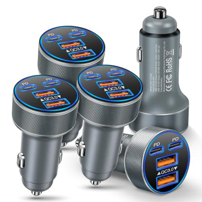 Multi Pack USB C Car Charger,90W Super Fast Charging Cigarette Lighter Adapter Bulk, 4-in-1 Dual USB-C & USB-A Car Phone Power Plug Adapter for iPhone 17/16/15/Pro Max, iPad, Samsung Galaxy S25 - color: Gray, size: 5-Pack