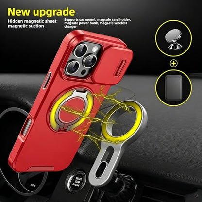 Rugged Shockproof Case for iPhone 17 Pro Max, Heavy Duty Protective Phone Case with Slide Camera Cover, 360° Rotatable Ring Stand & Magnetic Car Mount Compatible (Red,iPhone 17 Pro Max) - color: Red
