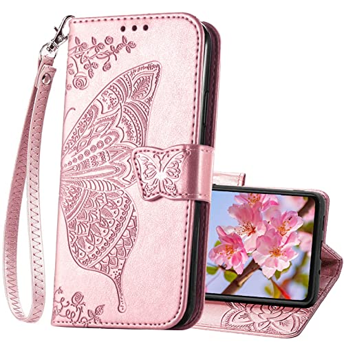 for Moto G Power 2022 Case Wallet,Women Flip Cover,Rose Gold | Butterfly Embossed PU Leather Kickstand Credit Card Holder Slots Magnetic Wrist Strap Purse - color: Rose Gold