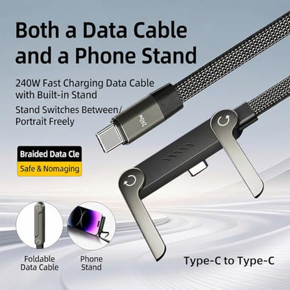 USB C to USB C Cable Right Angle(5ft)-in 360° Folding Metal Stand,240w Fast Charging Cable with Built-in Phone Stand T-Shaped Foldable,Gamer Design,Fast Charging Cord