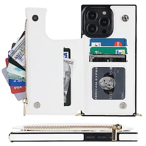 Bocasal Crossbody Wallet Case with Strap for iPhone 13/14, White | RFID Blocking Card Slot Holder, Magnetic Flip Folio Purse Case, PU Leather Zipper Handbag Detachable Lanyard Strap 6.1 Inch - color: White