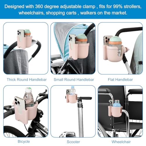 Accmor Stroller Cup Holder with Phone Holder, Bike Cup Holder, Universal Cup Holder for Uppababy Nuna Strollers, 2-in-1 Drinks Holder for Walker, Wheelchair, Scooter - color: All Crystal Pink