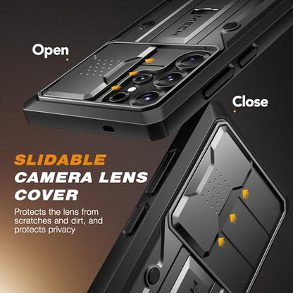 TONGATE for Samsung Galaxy S24 Ultra Case, 2 Front Frames & Stand, Black | Built-in Slide Camera Cover & Screen Protector, Military Grade Shockproof S24 Ultra Phone Case with Kickstand & Belt-Clip - color: Black
