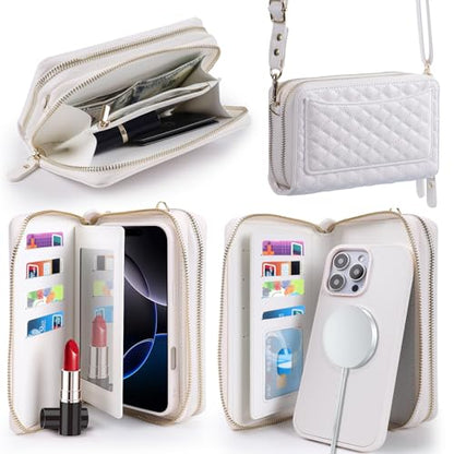 Harryshell Compatible with iPhone 16 Case Wallet Multi Zipper Detachable Removable Cover Purse with RFID Blocking Card Slots Holder Mirror Crossbody Strap (Compatible with Magsafe - White) - color: Compatible with Magsafe - White, size: iPhone 16