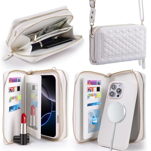 Harryshell Compatible with iPhone 16 Plus Case Wallet Multi Zipper Detachable Removable Cover Purse with RFID Blocking Card Slots Holder Mirror Crossbody Strap (Compatible with Magsafe - White) - color: Compatible with Magsafe - White, size: iPhone 16 Plu