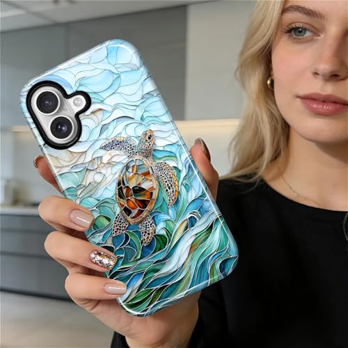 Case Compatible with iPhone 17, Cute Dual Layer Hybrid Phone Cover, Military Grade Drop Protection, Aesthetic Shockproof Phone Case for Women Girls, Stained Glass Sea Turtle - color: Stained Glass Sea Turtle, size: Iphone 17