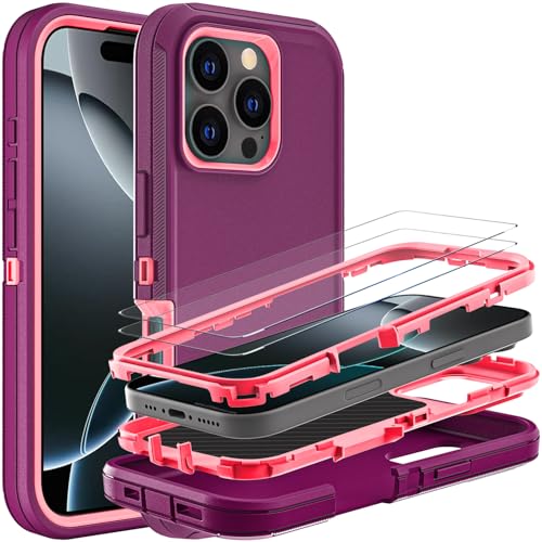 YKHJKLEC for iPhone 16 Pro Case, Military Grade 3 in 1 Heavy Duty Shockproof/Drop Proof/Dust Proof Case with 2Pcs Tempered Glass Screen Protector (Purple/Pink) - color: Purple/Pink