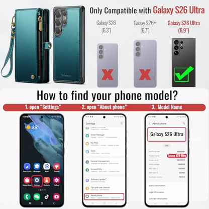 Defencase for Galaxy S26 Ultra Case Wallet Compatible with Magsafe, Green | Magnetic Detachable, RFID Bolcking Card Holder, Zipper Strap, PU Leather Drop-Proof Phone Cover for Samsung Galaxy S26 Ultra - color: (Detachable with Magsafe)-Blue Green