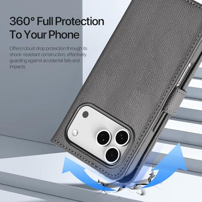 for iPhone 17 Pro Case Wallet, Detachable Magnetic Wallet Case | Compatible with Magsafe, RFID Blocking, PU Leather Flip Folio Case, Wrist Strap Wallet Case, Zipper Coin Pocket - color: Gray, size: iPhone 17 Pro