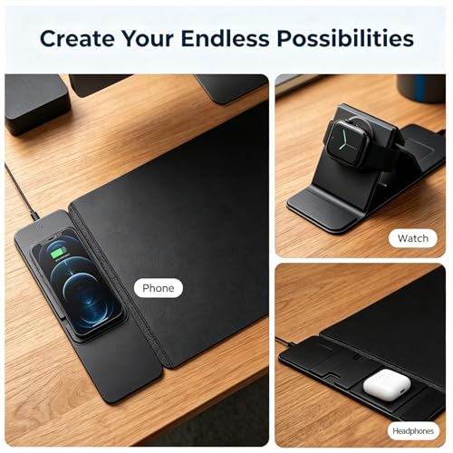 15W Wireless Charging Mouse Pad 31.5"x15.75", Double-Sided Faux Leather - color: Folding-Black