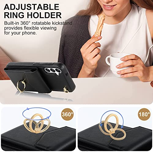 Asuwish Wallet Case for Samsung Galaxy A16 5G/4G Women Men Black | with Tempered Glass Screen Protector, Ring Holder, RFID Blocking, Card Holder, Wrist Strap, PU Leather, Cover for A 16 - color: Black