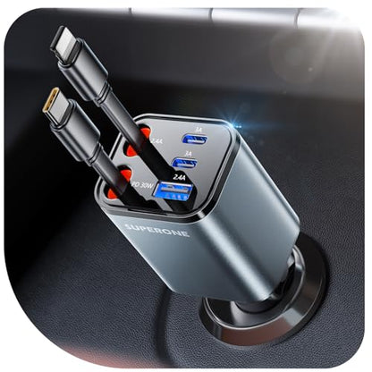 2026 Compact SUPERONE Retractable Car Charger with USB C & Apple Cables - color: Gray, size: 5 Ports