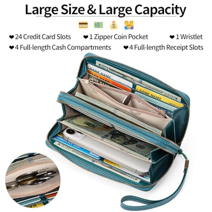 GAEKEAO RFID Leather Wristlet Wallet for Women with Grip Strap | Large capacity clutch wallet, credit card holder, wrist strap, zipper purse, travel and shopping - color: A08 Wax Peacock Blue