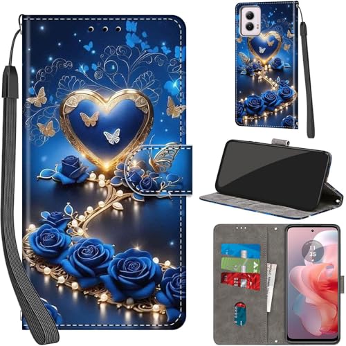 Case Wallet for Motorola Moto G Power 5G 2024, Blue Flower | Kickstand, 3 Card Holder, Shockproof TPU Interior Shell, PU Leather, Magnetic Flip Cover, Lanyard Strap - color: Pic:09