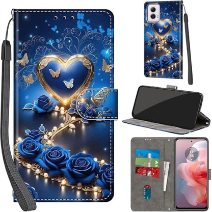 Case Wallet for Motorola Moto G Power 5G 2024, Blue Flower | Kickstand, 3 Card Holder, Shockproof TPU Interior Shell, PU Leather, Magnetic Flip Cover, Lanyard Strap - color: Pic:09