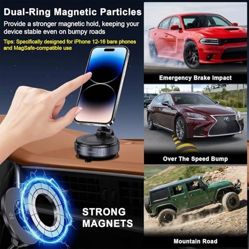 Vacuum Magnetic Car Phone Holder for MagSafe – 360° Adjustable Suction Cup Mount for Car, Gym & Mirror | Hands-Free Use | Compatible with iPhone & Android (Black)