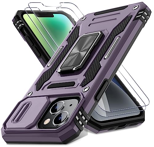 DEERLAMN Case for iPhone 13/iPhone 14 6.1-Inch with Slide Camera Cover+Screen Protector(2 Packs),Rotated Ring Kickstand Military Grade Shockproof Protective Cover-Deep Purple - color: Deep Purple