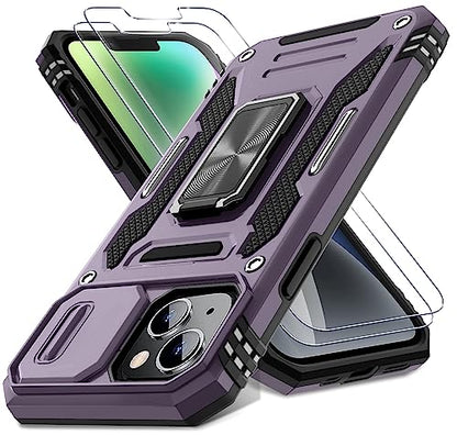 DEERLAMN Case for iPhone 13/iPhone 14 6.1-Inch with Slide Camera Cover+Screen Protector(2 Packs),Rotated Ring Kickstand Military Grade Shockproof Protective Cover-Deep Purple - color: Deep Purple
