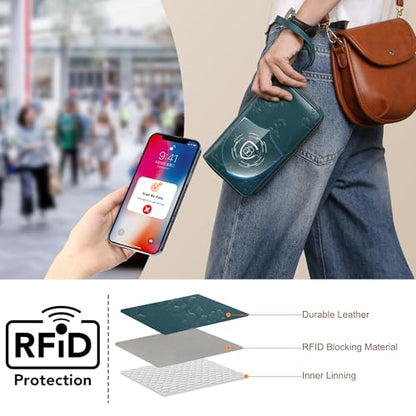 yiijay Womens Wallet RFID Blocking Large Capacity Vegan Leather Double Zip Wristlet Wallet Card Holder Travel Ladies Clutch - color: Dark Green
