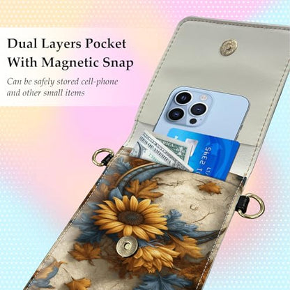 Small Crossbody Bags for Women Touchscreen Cell Phone Bag Cross Body Purses with adjustable Strap,Gifts For Teenage Girls - color: Sunflowers & Moon