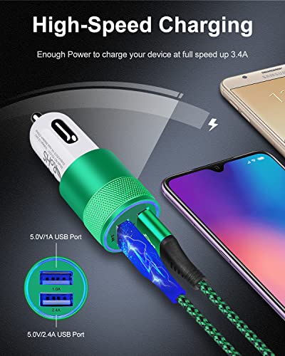 Car Charger [2Pack/3.4a] Fast Charge Dual Port USB Cargador Lighter Adapter - color: Green