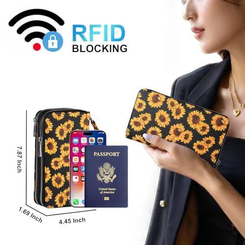 RFID Wallet for Women with Cellphone Pocket - Double Zipper Wristlet Purse Large Capacity, 17 Card Slots, Coin Pocket, Sunflower Print - color: Sunflower