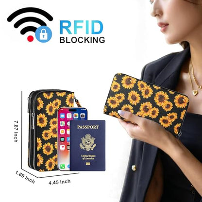 RFID Wallet for Women with Cellphone Pocket - Double Zipper Wristlet Purse Large Capacity, 17 Card Slots, Coin Pocket, Sunflower Print - color: Sunflower