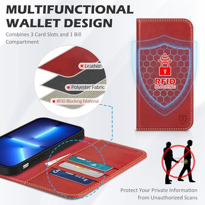 SHIELDON Genuine Leather Folio Wallet Case for iPhone 13 6.1", Retro Red | [RFID Blocking] Case Cover Card Slot Stand Function TPU Effective Protection Shockproof 2021 - color: Red - Retro
