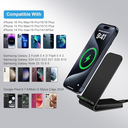 Fast Wireless Charger, Qi Certified Wireless Charging Station with Sleep-Friendly Adaptive Light Compatible with iPhone, Samsung, Google Phone, Black