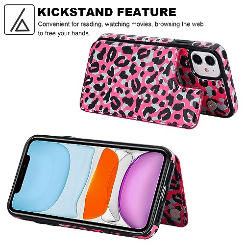 HAOPINSH for iPhone 11 Wallet Case with Card Holder, Pink Black Leopard Cheetah Pattern Back Flip Case PU Leather Kickstand Card Slots Case for Women Girls, Double Magnetic Clasp Shockproof 6.1" - color: Pink Black Leopard