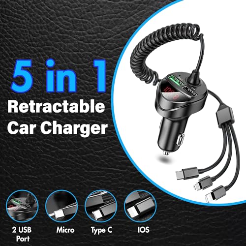 Retractable Car Charger 5 in 1 with Voltage Monitoring LED Display - 18W Car Phone Charger with Built-in Retractable Charging Cable Compatible with iPhone, Samsung & Android Phones